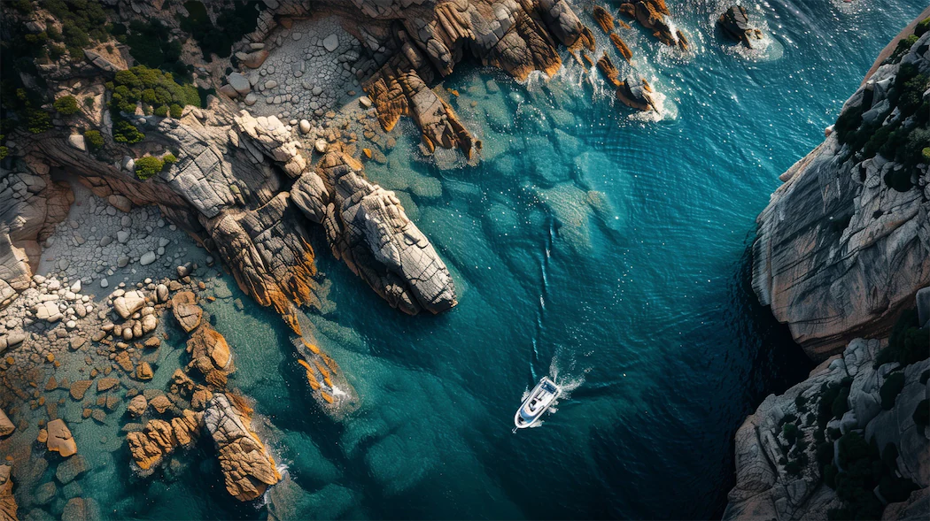 An aerial view of a boat navigating the turquoise waters of the Balearic Islands, Spain, a perfect summer destination with clear skies and moderate temperatures.