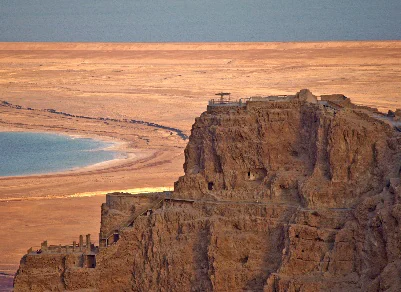Masada cliff and Dead Sea aerial view