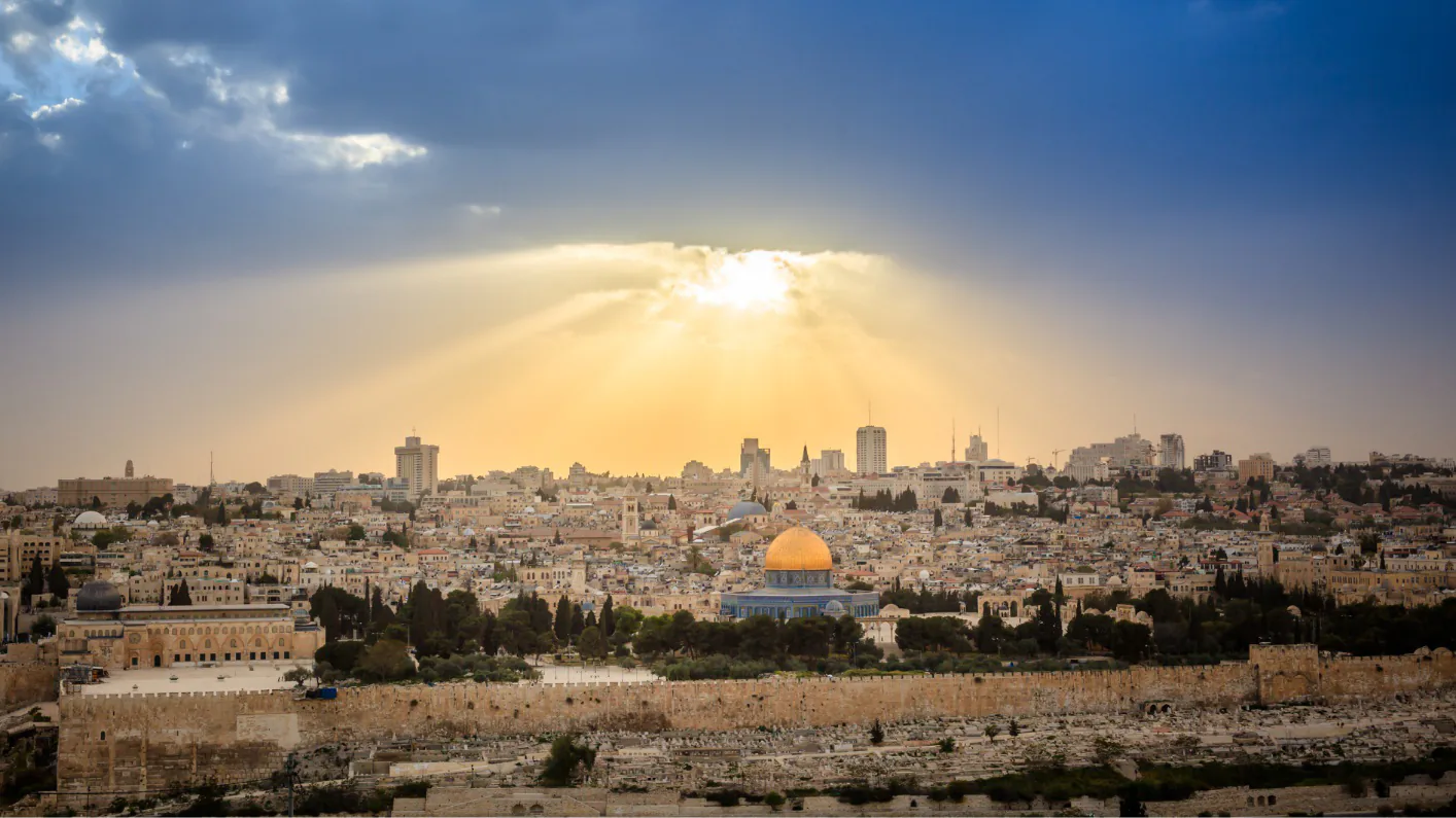 Jerusalem Old City panoramic view from Mount of Olives at sunset
